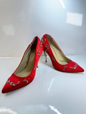 Women’s Red Satin Stiletto Heels – Sculptural Metal Details – EU 41 / US 10
